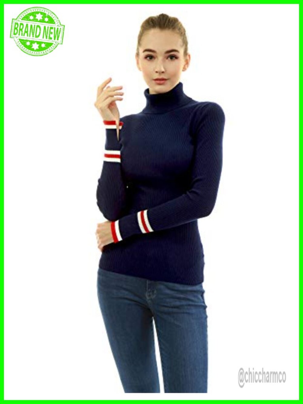 Long Sleeve Turtleneck Ribbed Pullover Sweater for Women